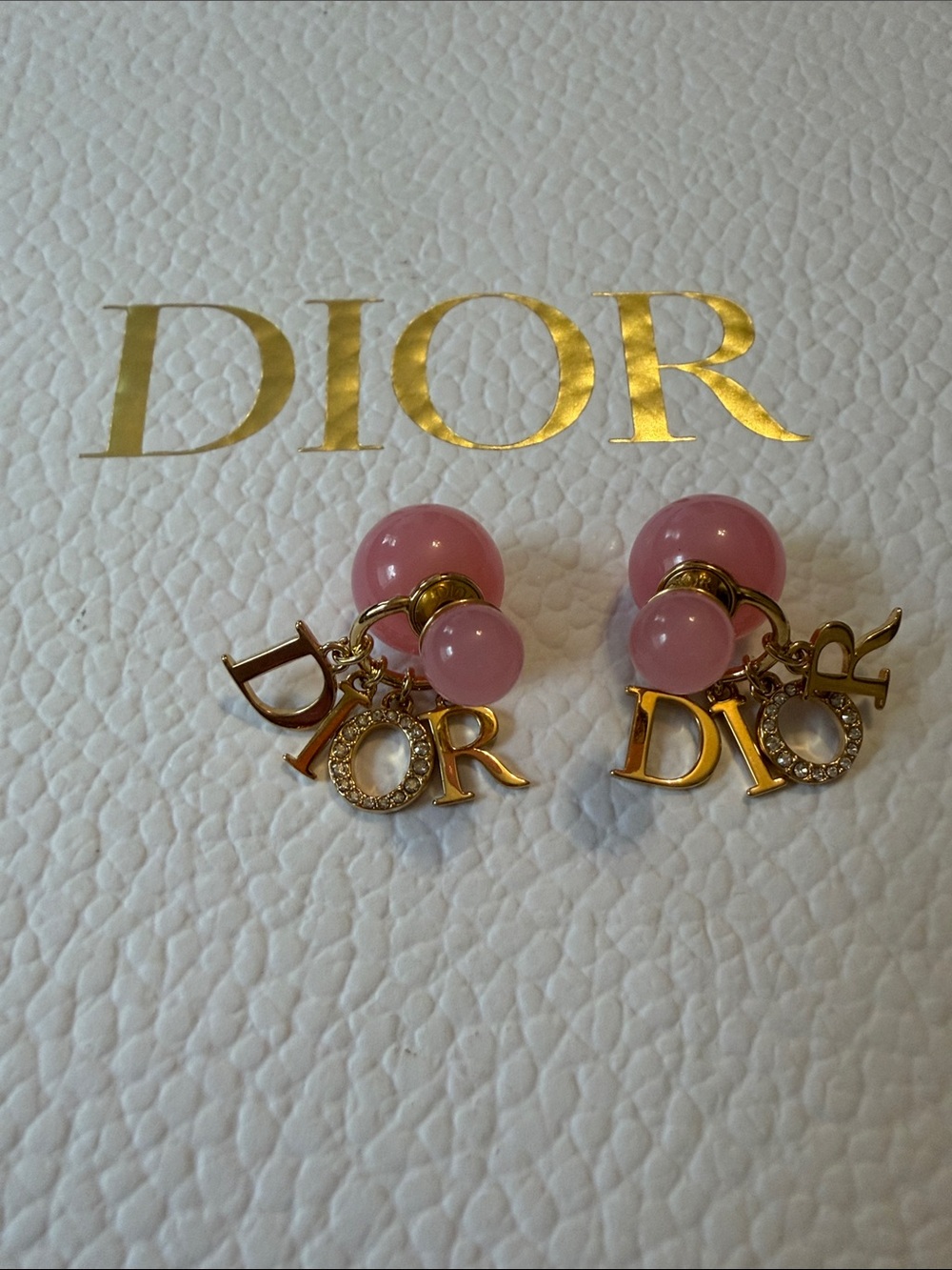 Authentic New Dior Pink and Gold Bead Logo Charm Earrings